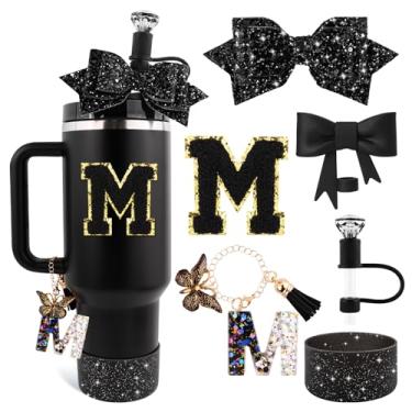 Imagem de Lingdeer Conjunto De Acessórios Para Copos Pretos Stanley 30 Oz E 40 Com Alça, Pingentes Letras, Capas Canudo Laço Diamante, Capa Silicone Glitter, Adesivo Personalizado (M)