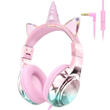 Imagem de QearFun Fones de ouvido infantis unicórnio com cabo para meninas com microfone, limitador de volume seguro de 85/94 dB, porta compartilhada, fone de ouvido com fio brilhante dobrável para escola