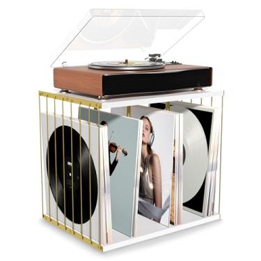 Imagem de Suporte para toca-discos de 3 compartimentos com armazenamento de discos de vinil para mais de 100 LPs – Prateleira de discos multifuncional e porta-revistas, porta-discos para móveis que economizam