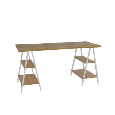 Imagem de Mesa Cavalete 150x60x75cm Kuadra - Compace, Lâmina Mel - Est.Branca