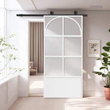 Imagem de Porta de celeiro de vidro fosco temperado de 71 x 213 cm com kit de ferragens para porta de celeiro, porta deslizante de liga de alumínio, vidro fosco temperado de 3 painéis, furos pré-perfurados para