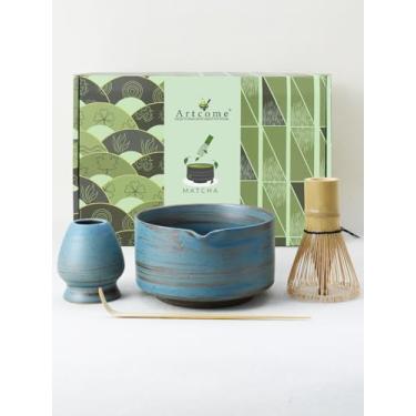 Imagem de Artcome Conjunto de tigela Matcha japonesa com bico de servir, suporte de batedor de cerâmica matcha, colher de chá de bambu, batedor matcha e manual de chá - Conjunto tradicional de chawan para