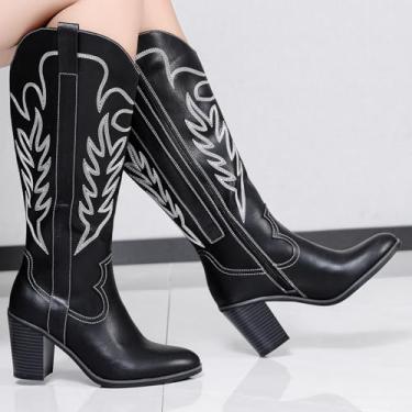 Imagem de Luoika Botas femininas extra largas na altura do joelho caubói de cano alto, largura larga, salto alto, plus size, Preto 701, 7 X-Wide