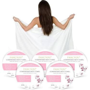 Imagem de fancyou Toalha de banho comprimida 5 peças 139.7 cm x 69.8 cm tamanho viagem mini moeda toalha descartável lavável e reutilizável acampamento pano e limpeza (rosa)