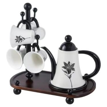 Imagem de Scizorito Conjunto de chá de porcelana (1 pote com 4 xícaras), conjunto de chá da tarde, adequado para aniversários, dia das mães, Natal (flor preta)