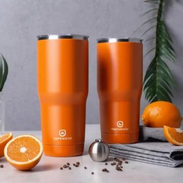 Imagem de Copo Térmico Parede Dupla em Aço Inox Laranja 500ml com Alça Ergonômica - Estilo Liso