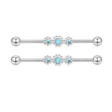 Imagem de Lantine Brincos de piercing industrial de flor 14G turquesa CZ barra de 38 mm barra industrial para andaime de barra para mulheres e homens, Aço inoxidável, Sem Pedra Preciosa