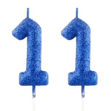Imagem de FUNCANDLE Velas de aniversário azul royal com glitter de 6 cm, vela número 11, velas de feliz aniversário de 11 anos para decoração de festa de aniversário de meninas e meninos