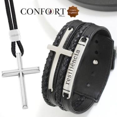 Imagem de Kit Pulseira de Couro Masculina Cruz Resiliência e Colar Cruz Ajustáve