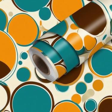 Imagem de HOMETITUTE Papel de parede retrô com círculos azuis laranja de bolinhas descascar e colar papel de parede 45 cm x 300 cm revestimento de parede de vinil removível autoadesivo quarto cozinha banheiro