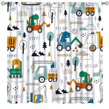 Imagem de AAVEUP Cortinas blackout de construção de dinossauros para meninos, desenho animado floresta, sítio arquitetônico, escavadeira, trator, caminhão, janela, impressão, para crianças, berçário, creche