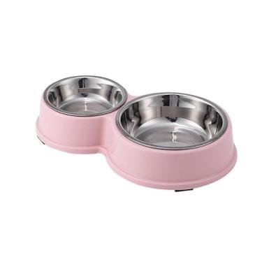 Imagem de Comedouro e bebedouro inox Duplo para bicho de estimação cachorro ou gatos C/antiderrapante(Rosa)