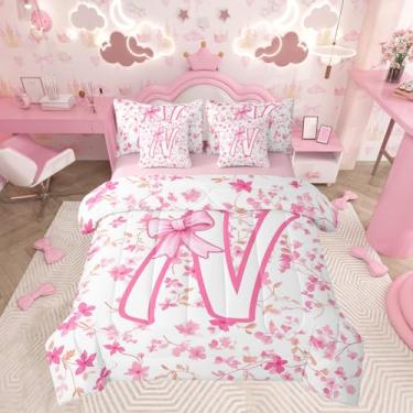 Imagem de Feelyou Jogo de cama solteiro com laço rosa fofo, 7 peças, para meninas, edredom com laço coquete, lençol para meninas, personalizado, com letra N em uma bolsa
