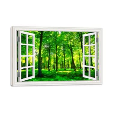 Imagem de Impressão em tela emoldurada de madeira para parede janela linda floresta verde 3D falsa janela vista paisagem pintura natureza imagem impressão em tela arte de parede para sala de estar 30x45 cm