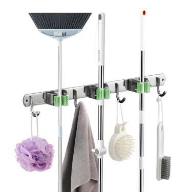 Imagem de Suporte de Vassoura e Esfregão de Parede em Aço Inox, Organizador com 3 Presilhas e 4 Ganchos, Instalação com Adesivo Incluso ou com Parafusos, Antiferrugem, Cor Verde, Ideal para Lavanderia e Cozinha