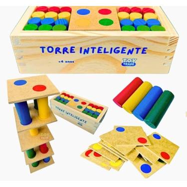 Imagem de Torre Inteligente de Madeira: Jogo Educativo Premium com Estojo Colorido e Divertido com 34 peças – Toy Trade Oficial