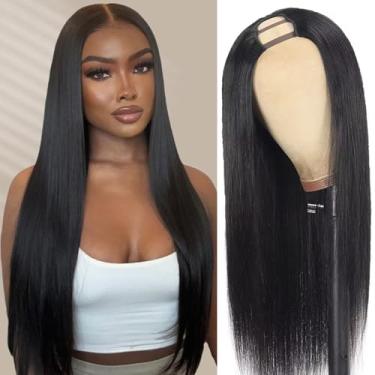 Imagem de YMXNB Peruca de cabelo humano em U Part Perucas brasileiras de 55 cm Peruca em U para iniciantes 180% densidade peruca de cabelo liso peruca em V peruca de cabelo humano cor natural
