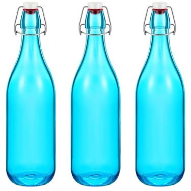 Imagem de Teenyyou 3 garrafas de vidro azul celeste, 1 litro, garrafas decorativas azuis, com tampa hermética para vinho caseiro, faça você mesmo, faça suas próprias bebidas, decoração para centros de mesa