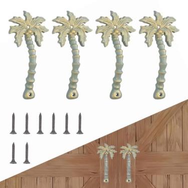 Imagem de BTAMUD Puxador de porta de portão, pacote com 4 maçanetas resistentes de 19 cm em forma de coqueiro de metal antigo, puxadores grandes rústicos esculpidos para portas de celeiro, portões de garagens