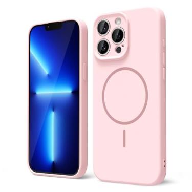 Imagem de oakxco Capa de silicone para iPhone 13 Pro Max, capa magnética fina e fina compatível com Magsafe, mulheres meninas fofas femininas estéticas macias gel segurança com capa de câmera, rosa claro