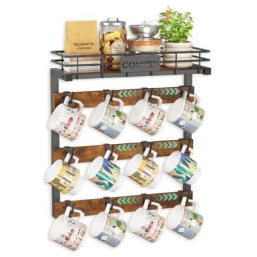 Imagem de EsLuker.ly Suporte de parede para caneca de café, organizador de cabide de copo de metal preto com 12 ganchos de plástico ajustáveis, prateleira rústica de madeira para café, cozinha, armazenamento de