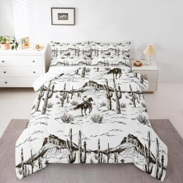 Imagem de Feelyou Jogo de cama casal asteca ocidental, caubói selvagem, decoração de cavalo, casa de fazenda, rústico, tribal, exótico, cacto, edredom respirável, macio, 3 peças