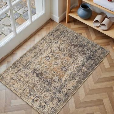 Imagem de HUGEAR Tapete de entrada 2x3 retrô marrom pequeno tapete lavável na máquina tapete de porta floral vintage tapete de pilha baixa aspirável envelhecido tapete de entrada cozinha banheiro quarto