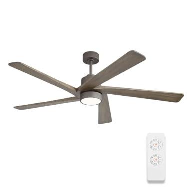 Imagem de WINGBO Ventilador de teto CC de 137 cm com luzes e controle remoto, 5 lâminas reversíveis de madeira esculpida, motor CC silencioso de 6 velocidades, ventilador de teto moderno em acabamento grafite