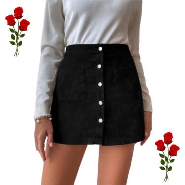 Imagem de Saia De Veludo Cotelê Feminina Cor Sólida Cintura Alta Abotoada A Linha Vintage Elegante Slim Fit Veludo Cotelê Mini Saia Curta Com Bolsos, Black, M