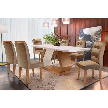 Imagem de Sala de Jantar Completa Alvorada c/ Tampo Madeirado Canto Reto 180x90cm e 6 Cadeiras Imperatriz Imbuia/Off White - Suede Capuccino - Rufato