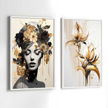 Imagem de Conjunto Quadros Decorativos com Moldura Mulher Folhas Douradas luxo A