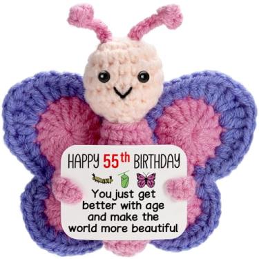 Imagem de 55th Birthday Gifts for Women, Tiny Crochet Butterfly Plush with Pink Purple Wings Holding Positive Note, Happy 55th Birthday Decoration & Gift for 55 Year Old Women