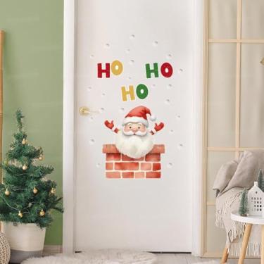 Imagem de Adesivo de Parede Natal 10 Papai Noel na Chaminé com Neve, Estrelas e Flocos Decoração Natalina