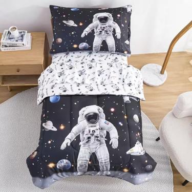 Imagem de lasoftan Conjunto de cama infantil, 4 peças, edredom para meninas, estampa de astronauta, lavável na máquina