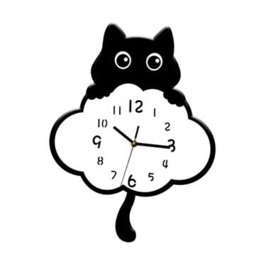 Imagem de Fenteer Relógio de parede de gato com números arábicos pretos silenciosos e cauda giratória, relógio de pendurar para loja, casa, fazenda, inauguração de, Style a