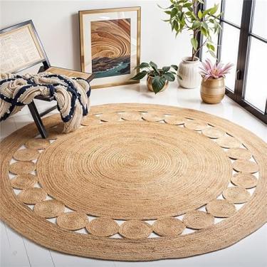 Imagem de GRUHUM Tapete redondo de juta de fibra natural de 2,4 m feito à mão, boêmio, charme, fazenda, macio, boêmio, trançado, reversível, rústico, vintage, para uso interno, cozinha, quarto, sala de estar,