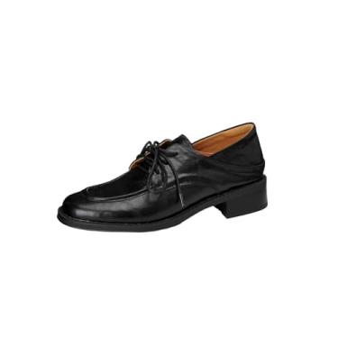Imagem de TinaCus Sapato casual feminino Wingtip Oxfords feito à mão em couro legítimo bico redondo com cadarço e salto grosso, Preto, 40