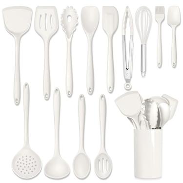 Imagem de HaWare Utensílios de cozinha, conjunto de 14 utensílios de cozinha de silicone, resistentes ao calor para panelas antiaderentes, utensílios de cozinha com colheres, espátulas, batedor, lavável na
