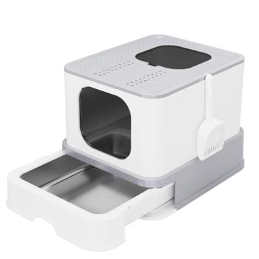 Imagem de RIZZARI Caixa de areia para gatos fechada: design grande anti-vazamento de aço inoxidável controla o odor - cinza claro sem desodorizante - para uso interno