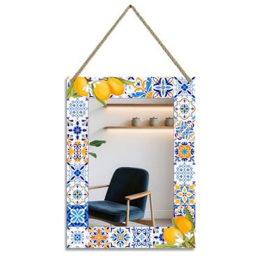 Imagem de KEQAM Espelho retangular para parede, espelho decorativo de parede de 30,5 x 40,6 cm, espelhos de mosaico azul limão, espelhos de parede decorativos com corda de pendurar para sala de estar, entrada