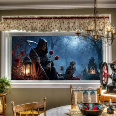 Imagem de HOMETITUTE Halloween Grim Reaper Rose Owl Cemitery Vitral Película para janela de vidro 99,37 x 17,72 polegadas Aderência estática decorativa película de privacidade vidro sazonal para decoração de