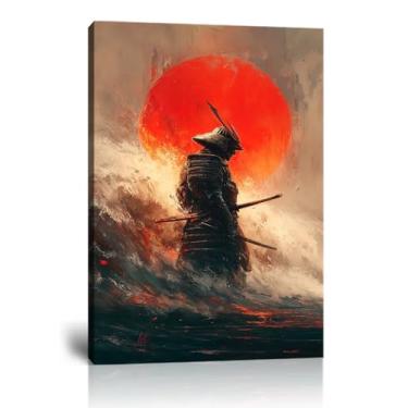 Imagem de Arte de parede em tela samurai japonês para sala de estar quarto decorações de casa armadura samurai com pôr do sol paisagem pôster emoldurado arte pronta para pendurar (30,5 cm L x 40,6 cm A)
