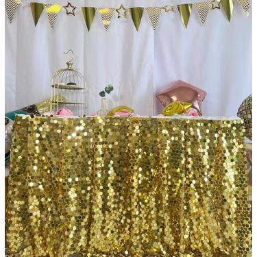 Imagem de Saia de mesa de lantejoulas de 18 mm para mesa redonda/retangular/quadrada para aniversário, Natal, capina, festa em casa (ouro, 1,8 m)