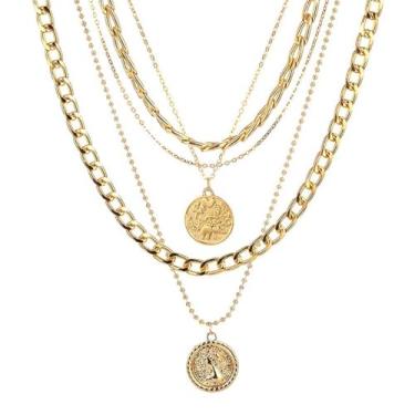 Imagem de Todenb Colar de pirata para mulheres, acessórios de fantasia de pirata, joias de roupa de piratas, colar com pingente de moeda de ouro, colares de ouro em camadas de Halloween, Metal, Sem Pedra