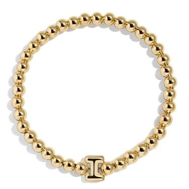 Imagem de BaubleBar Pulseira personalizada inicial Pisa, contas modernas banhadas a ouro, joias modernas, pulseira popular com letras iniciais, ajuste elástico para crianças e adultos, One Size, Latão, Sem