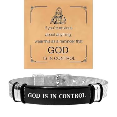 Imagem de Pulseira God Is In Control para mulheres e homens, fivela cristã de oração Jesus fé católica inspiradora de aço inoxidável ajustável joias de cartão de presente, One Size, Aço inoxidável, Sem Pedra