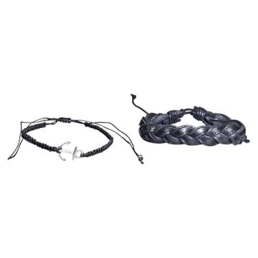 Imagem de BlueRica Pulseira de marinheiro de couro trançado ajustável feita à mão e pulseira âncora de algodão preto conjunto de 2 peças - estilo náutico unissex masculino feminino, One Size, Algodão, Sem Pedra