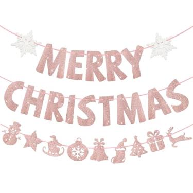 Imagem de VitalCozy Conjunto de 3 faixas pré-amarradas de Feliz Natal Guirlanda de Feliz Natal Placa de Natal com glitter Decoração interna para decoração interna externa para casa suprimentos de festa de