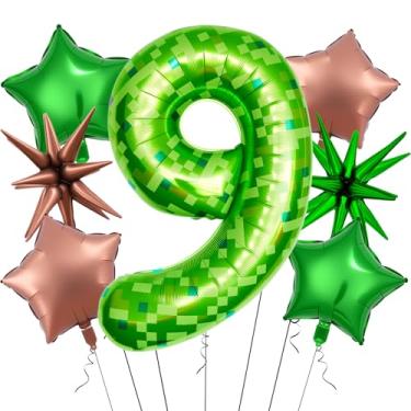Imagem de 7Pcs 40 inch Green Pixel Pattern Number 9 Balloon Set with Exploding Star and Star Foil Balloons for Birthdays and Themed Parties