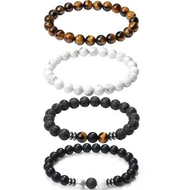 Imagem de XIANNVXI Conjunto de pulseiras masculinas com contas de pedra natural de 3/4 peças, 8 mm, olho de tigre, pedra vulcânica, obsidiana, cristal preto, contas elásticas para homens e mulheres, joias